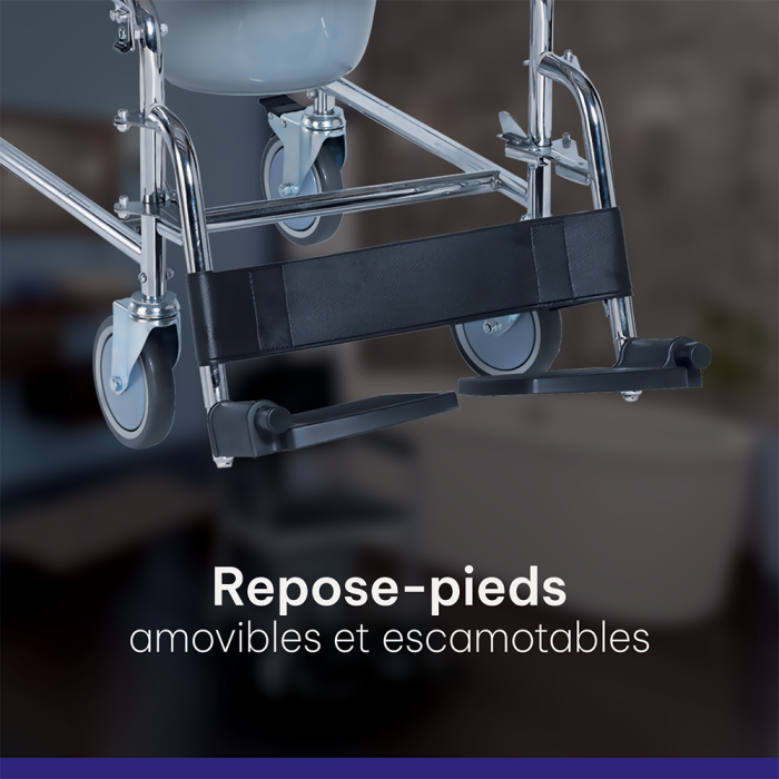 Zoom sur les repose-pieds amovibles et escamotables du fauteuil garde-robe à roulettes de marque Laboratoires Euromedis